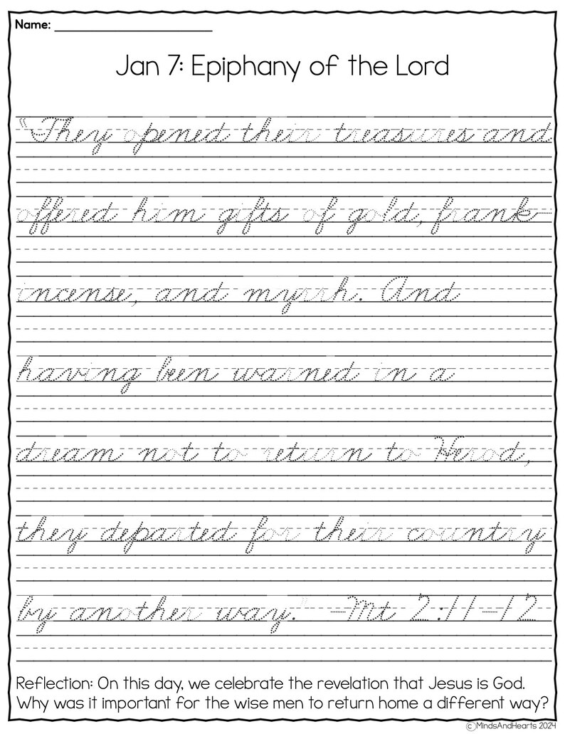 January 2024 Cursive Copywork Catholic Feast Days Penmanship New Years