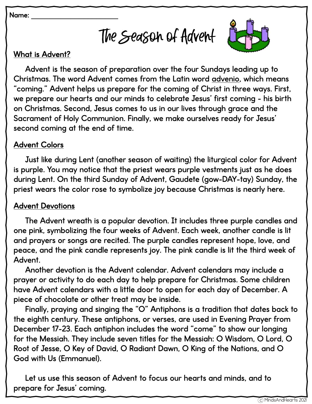 Advent Reading Comprehension Article and Questions Catholic Christmas