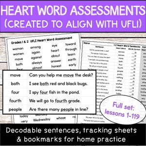 May include: Educational materials for early readers. The image shows heart word assessments, decodable sentences, tracking sheets, and bookmarks for home practice. The text includes "Full set: lessons 1-119" and lists heart words and sentences for grades 1 & 2.