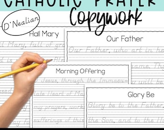 Katholische Gebetstexte: D'Nealian (Druck) | Pause | Handschrift | Schreibkunst | Vater unser | Ave Maria | Merkzettel | Akt der Reue