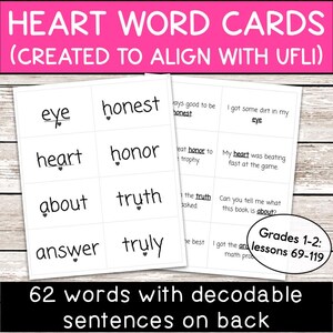 Irregular Heart Word Flash Cards: Grades 1-2 | Decodable Sentences | Created to Align to UFLI | High Frequency Sight Words | Phonics