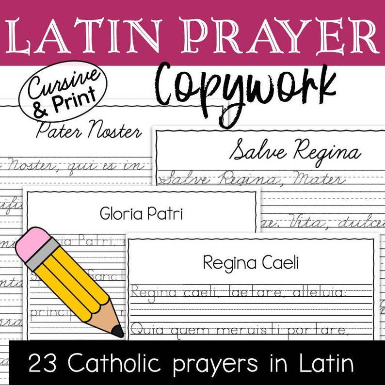 Latin Catholic Prayer Copywork - Cursive AND Printing Handwriting Practice | Pater Noster | Ave Maria | Salve Regina | Traditional | TLM image 1
