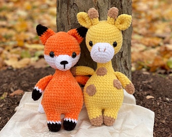 Pacote, padrão de crochê de raposa, padrão de girafa amigurumi, fio de pelúcia volumoso, macio, robusto, felpudo, chenille, download de PDF, faça você mesmo, feito à mão, veludo
