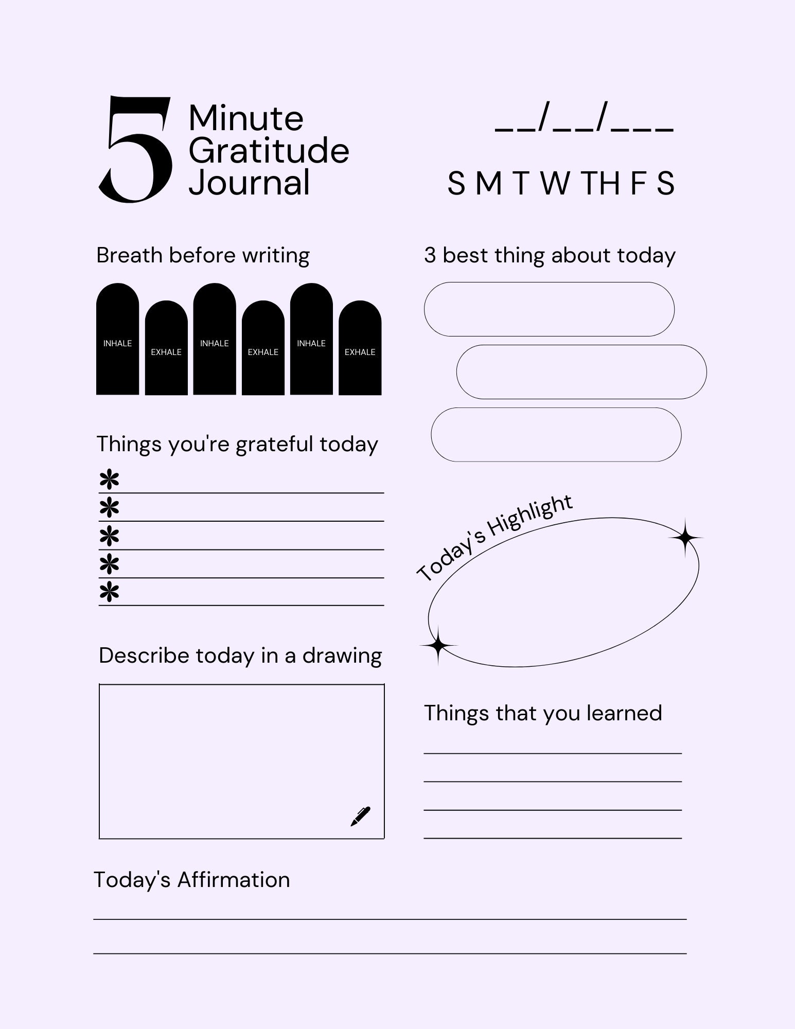 PRINTABLE 5 Minute Journal Gratitude Journal Daily Journal 