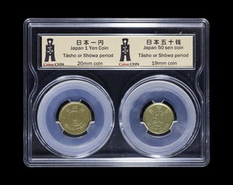 Moneda japonesa antigua de 1 yen y 50 sen de la era Showa