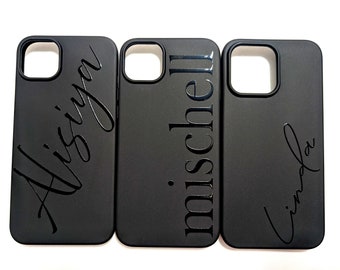 Personalised Phone Case iPhone Custom Name Black Silicone Cover, for iPhone Series 15, 14, 13, SE2, SE3