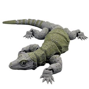 Peut inclure: Une sculpture détaillée d'un lézard gris et vert avec une surface texturée. Le lézard a une queue et un corps segmentés, avec quatre pattes et une tête détaillée. La sculpture est posée sur un fond blanc.