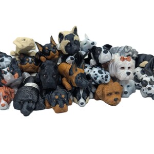 Op de afbeelding: Een verzameling van 20 kleine, realistische hondenfiguren in verschillende rassen en kleuren. De figuren zijn gemaakt van plastic en ongeveer 5 cm hoog. Ze zijn in een stapel gerangschikt, met sommige honden die omhoog kijken en andere die omlaag kijken.