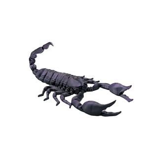 May include: A dark purple scorpion model with a curved tail and large pincers. The scorpion's segmented body and legs are clearly defined, showcasing a realistic design. The model is set against a plain white background.