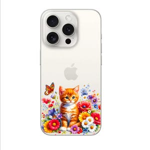 Clear Phone Case with Cute Kitten and Flowers | Soft TPU Cover for iPhone, Samsung & Google Pixel | UV Print with Gloss FinishAccessory