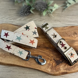 Peut inclure: Un collier et une laisse pour chien beige avec un motif d'étoiles colorées. Le collier a une boucle en laiton et la laisse a un mousqueton en métal.