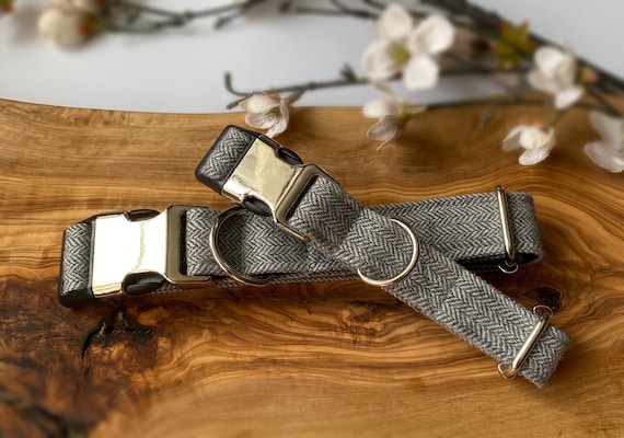 Collar Y Correa Para Perro De Tweed Hecho A Mano - Color Plateado - Talla S/M - Incluye Caja De Regalo Premium