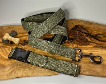 Country green Herringbone dog collar, optional matching lead, genuine tweed, luxury