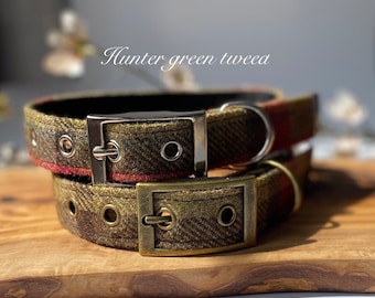 Hunter green tweed dog collar, optional matching lead