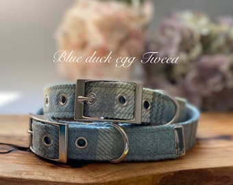 Duck egg blue tweed dog collar, matching lead available