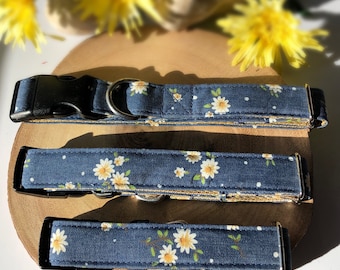 Daisy dog collar, blue,yellow, lightweight, Summer