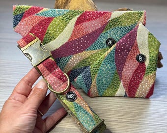 May include: A fabric pet collar and matching triangular bandana featuring a woven pattern of wavy, multicoloured stripes in shades of red, green, blue, and cream. The collar includes a brass-toned metal buckle, a D-ring, and a small black circular logo.