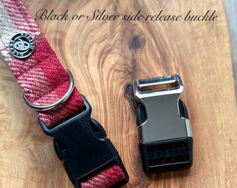 Red Tweed dog collar, side release buckle, Silver, Black