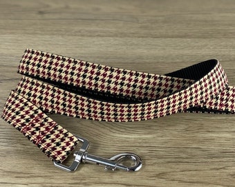 Houndstooth dog lead, burgundy, black, beige, Matching collar available