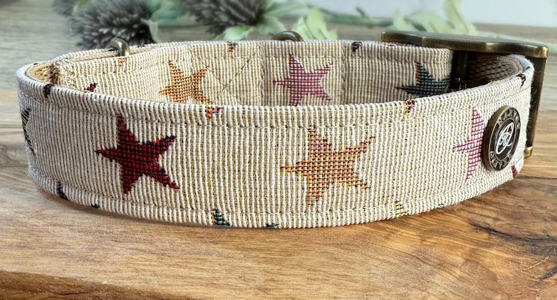 Pu&ograve; includere: Un collare per cani beige con un motivo a stelle colorate intrecciato. Il collare ha una fibbia in ottone e un anello a D in ottone.