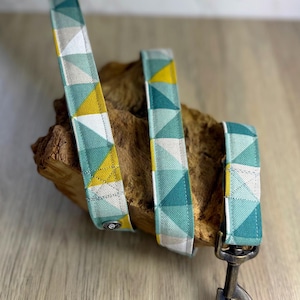 Geometry dog lead, padded handle, mustard, grey, turquoise