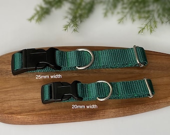 May include: Two green dog collars with black buckles and silver D-rings. The top collar is 25mm wide and the bottom collar is 20mm wide.