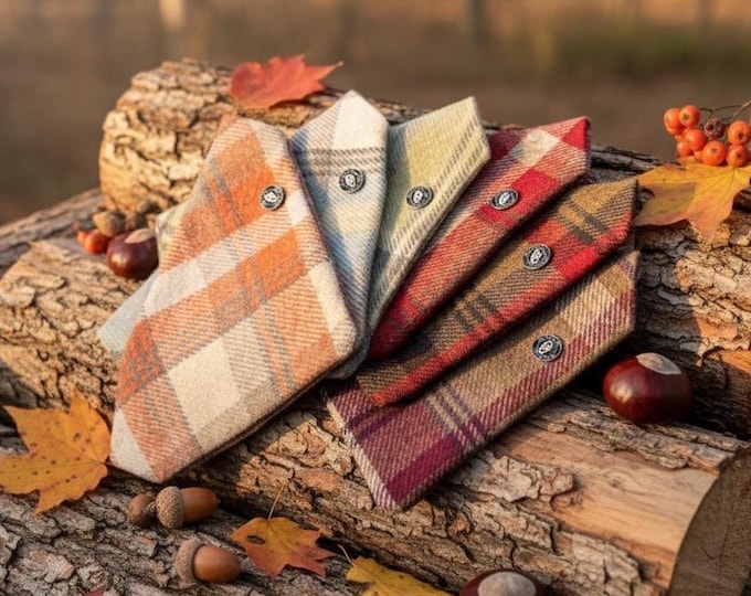 Handmade Balmoral Tweed Dog Bandana, Autumn Plaid, Slip-On Collar Wear