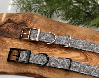 Light grey herringbone tweed dog collar, optional matching lead