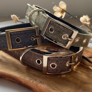 Herringbone tweed dog collar, matching lead available, green,brown, blue