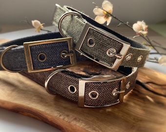 Herringbone Tweed Dog Collar and Lead, Green, Brown, Blue, Handmade Dog gift Set, Luxury Tweed Dog Collar and Leash set