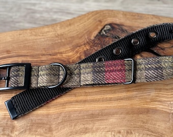 Hunter tweed dog collar, Green, Antique brass, Silver, Black