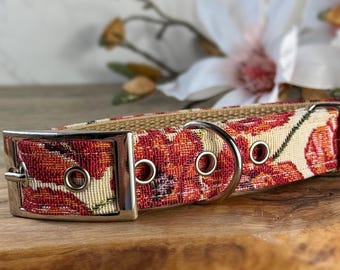 Poppy dog collar, red, floral, belt buckle, Antique brass, Silver, black