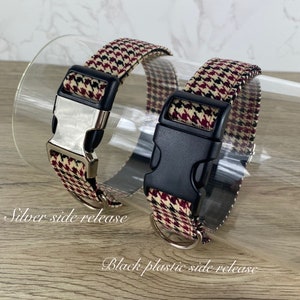 May include: Two dog collars with a houndstooth pattern. The collar on the left has a silver side release buckle. The collar on the right has a black plastic side release buckle. "Silver side release" and "Black plastic side release" are written below the collars.
