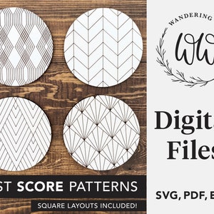 May include: Four round wooden coasters with different geometric patterns in black and white. The coasters are arranged in a square shape on a wooden surface. The text "FAST SCORE PATTERNS" and "SQUARE LAYOUTS INCLUDED!" is at the bottom of the image. The text "WANDERING WOODS DESIGNS" and "ww" is in a circle at the top right of the image. The text "Digital Files" and "SVG, PDF, EPS" is at the bottom right of the image.