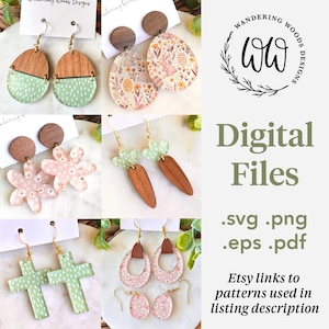 May include: Digital files for creating Easter-themed earrings. The designs include a cross, a flower, a carrot, and an egg with bunny and floral patterns. The files are available in SVG, PNG, EPS, and PDF formats.