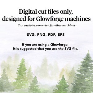K&ouml;nnte beinhalten: Digitale Schnittdateien f&uuml;r Glowforge-Maschinen, einschlie&szlig;lich SVG, PNG, PDF und EPS-Formate. Das Bild zeigt eine Aquarellmalerei eines Waldes mit gr&uuml;nen B&auml;umen und einem nebeligen Hintergrund.