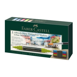 May include: A box of 5 Faber-Castell Albrecht D&uuml;rer Watercolour Markers for urban sketching. The box is green with a picture of a cityscape on the front. The markers are highly pigmented and water-soluble.