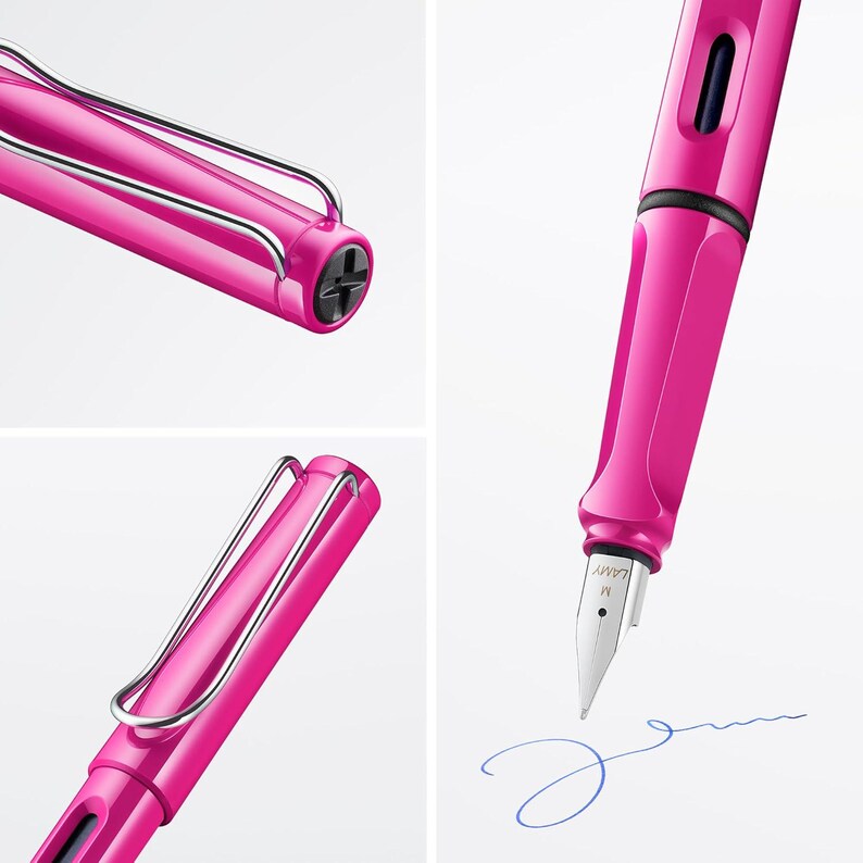 May include: A pink fountain pen with a silver clip and a black ink cartridge. The pen is writing on a white surface with blue ink.
