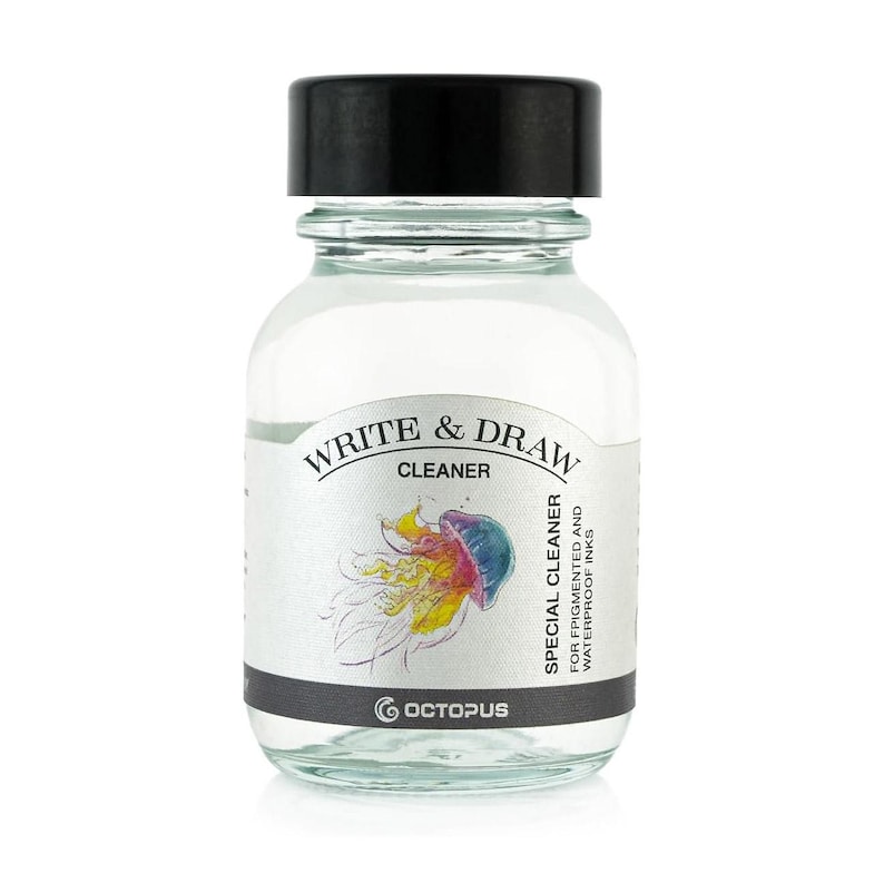 May include: A clear glass bottle with a black lid and a label that says "Write & Draw Cleaner" and "Special Cleaner for pigmented and waterproof inks". The label also features a colorful jellyfish illustration and the Octopus logo.