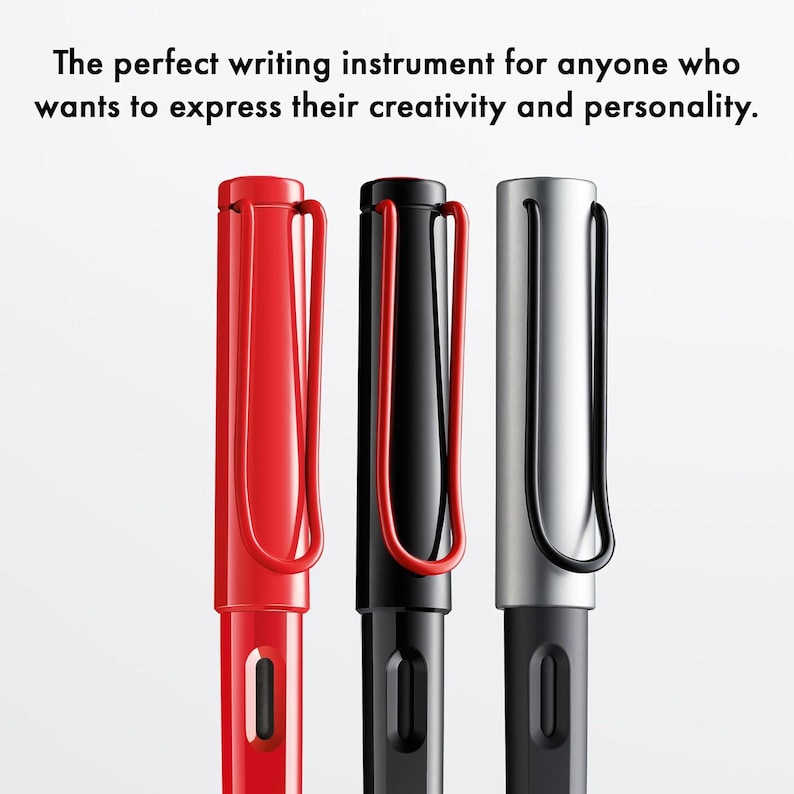 May include: Three fountain pens with different colored bodies: red, black, and silver. Each pen has a clip and a black nib.