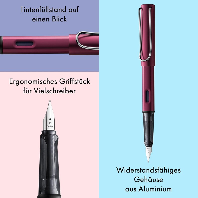 May include: A burgundy fountain pen with a silver clip and a transparent ink window. The pen has a silver nib and is made of aluminium. The text "Tintenf&uuml;llstand auf einen Blick" is visible in the top left corner of the image. The text "Ergonomisches Griffst&uuml;ck f&uuml;r Vielschreiber" is visible in the bottom left corner of the image. The text "Widerstandsf&auml;higes Geh&auml;use aus Aluminium" is visible in the bottom right corner of the image.