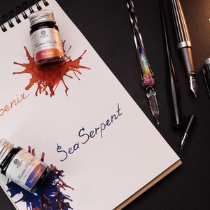 Pu&ograve; includere: Due flaconi di inchiostro, uno rosso e uno blu, con i nomi "Phoenix" e "Sea Serpent" scritti su un taccuino bianco. I flaconi sono etichettati "Fountain Pen Ink".