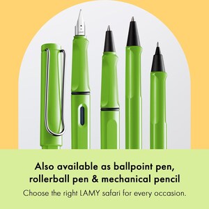 May include: Four green pens, including a fountain pen, rollerball pen, ballpoint pen, and mechanical pencil. The pens are all the same design, with a black clip and a black cap. The text "LAMY" is visible on the fountain pen.