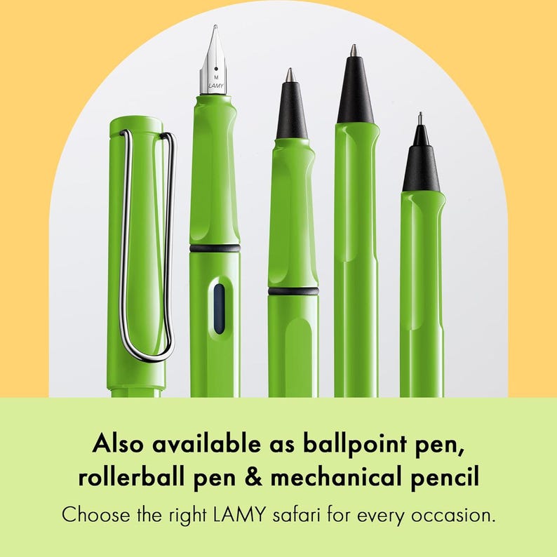 May include: Four green pens, including a fountain pen, rollerball pen, ballpoint pen, and mechanical pencil. The pens are all the same design, with a black clip and a black cap. The text "LAMY" is visible on the fountain pen.