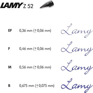 Puede incluir: Un gr&aacute;fico que muestra los diferentes tama&ntilde;os de plum&iacute;n para las plumas estilogr&aacute;ficas Lamy Z 52. Los tama&ntilde;os de plum&iacute;n son Extra Fina (EF), Fina (F), Media (M) y Ancha (B). El gr&aacute;fico muestra el ancho de cada plum&iacute;n en mil&iacute;metros. El gr&aacute;fico tambi&eacute;n muestra una muestra de escritura a mano para cada tama&ntilde;o de plum&iacute;n.