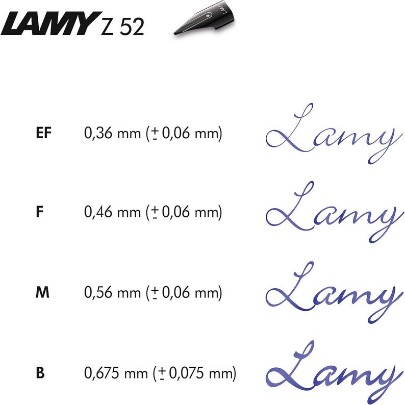 Puede incluir: Un gr&aacute;fico que muestra los diferentes tama&ntilde;os de plum&iacute;n para las plumas estilogr&aacute;ficas Lamy Z 52. Los tama&ntilde;os de plum&iacute;n son Extra Fina (EF), Fina (F), Media (M) y Ancha (B). El gr&aacute;fico muestra el ancho de cada plum&iacute;n en mil&iacute;metros. El gr&aacute;fico tambi&eacute;n muestra una muestra de escritura a mano para cada tama&ntilde;o de plum&iacute;n.