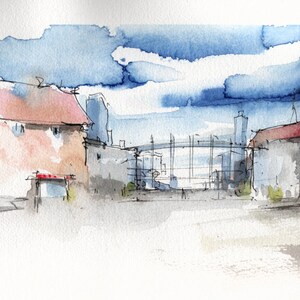 May include: Watercolor painting of a street scene with buildings, a bridge, and a tree. The buildings are painted in shades of pink and gray, with red roofs. The bridge is painted in black and white, and the tree is painted in green. The sky is painted in blue and white.