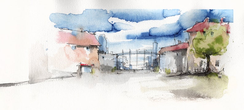 May include: Watercolor painting of a street scene with buildings, a bridge, and a tree. The buildings are painted in shades of pink and gray, with red roofs. The bridge is painted in black and white, and the tree is painted in green. The sky is painted in blue and white.
