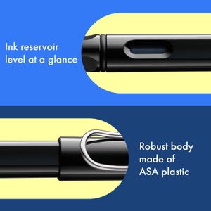 Op de afbeelding: Close-up van een zwarte pen met een zilveren clip. De afbeelding benadrukt het inktreservoir en de robuuste ASA-kunststof behuizing. Tekst luidt: "Inktreservoir in &eacute;&eacute;n oogopslag" en "Robuuste behuizing van ASA-kunststof."