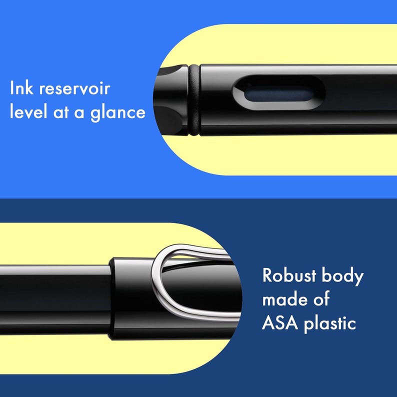 Op de afbeelding: Close-up van een zwarte pen met een zilveren clip. De afbeelding benadrukt het inktreservoir en de robuuste ASA-kunststof behuizing. Tekst luidt: "Inktreservoir in &eacute;&eacute;n oogopslag" en "Robuuste behuizing van ASA-kunststof."